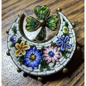 Antique Victorian Micro Mosaic Clover Crescent Brooch | Floral Inlay | 1”